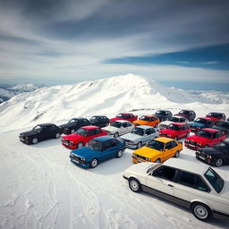 A stunning BMW E30 car meet on a snow-capped mountain top