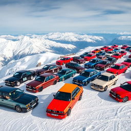 A stunning BMW E30 car meet on a snow-capped mountain top