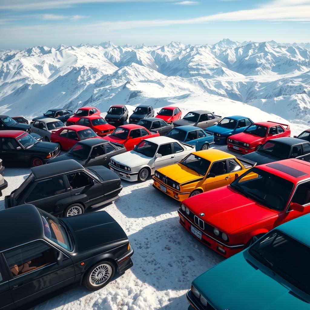 A stunning BMW E30 car meet on a snow-capped mountain top