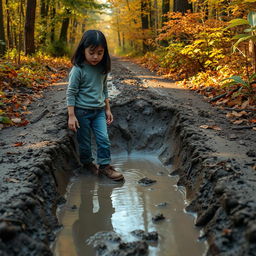 On her way to the forest, 12-year-old Lili with dark hair encounters a large, deep, muddy puddle blocking her path