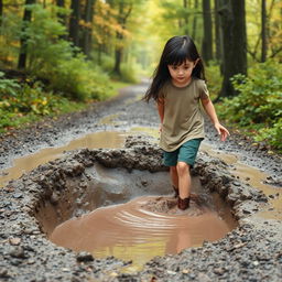 On her way to the forest, 12-year-old Lili with dark hair encounters a large, deep, muddy puddle blocking her path