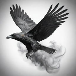 A detailed and intricate crow tattoo design, showcasing the bird in full flight, its wings mid-flap, surrounded by wisps of mythic-looking smoke.