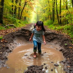 On her way to the forest, 12-year-old Lili with dark hair encounters a large, deep, muddy puddle blocking her path