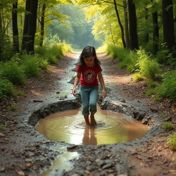 On her way to the forest, 12-year-old Lili with dark hair encounters a large, deep, muddy puddle blocking her path