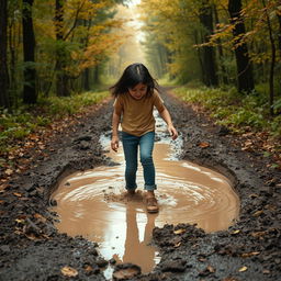 On her way to the forest, 12-year-old Lili with dark hair encounters a large, deep, muddy puddle blocking her path