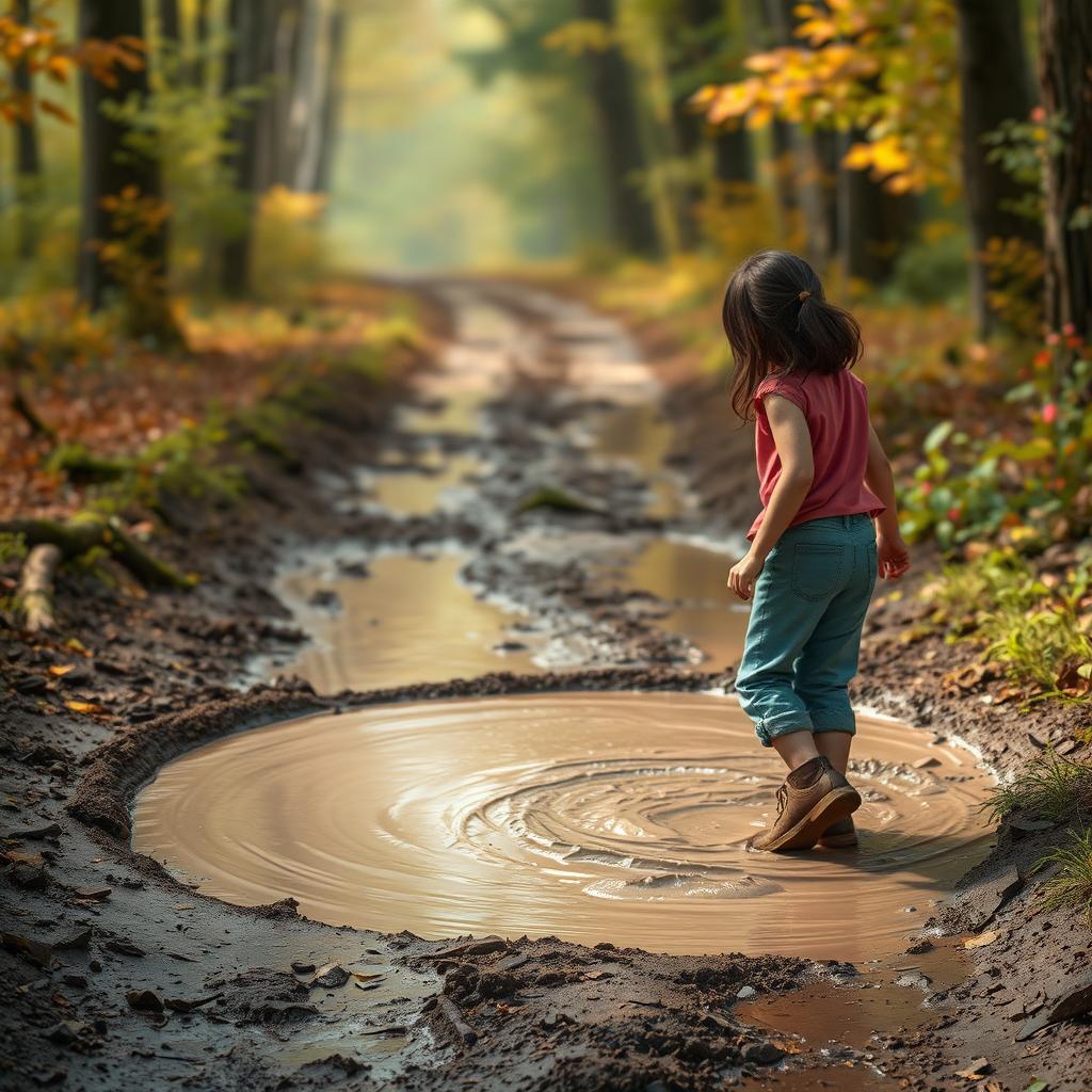 On her way to the forest, 12-year-old Lili with dark hair encounters a large, deep, muddy puddle blocking her path