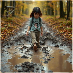 On her way to the forest, 12-year-old Lili with dark hair encounters a large, deep, muddy puddle blocking her path