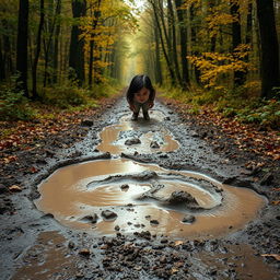 On her way to the forest, 12-year-old Lili with dark hair encounters a large, deep, muddy puddle blocking her path