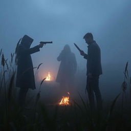 A dramatic murder mystery scene set in a marshland, with thick fog rolling in, creating an eerie atmosphere