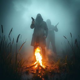 A dramatic murder mystery scene set in a marshland, with thick fog rolling in, creating an eerie atmosphere