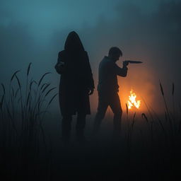 A dramatic murder mystery scene set in a marshland, with thick fog rolling in, creating an eerie atmosphere