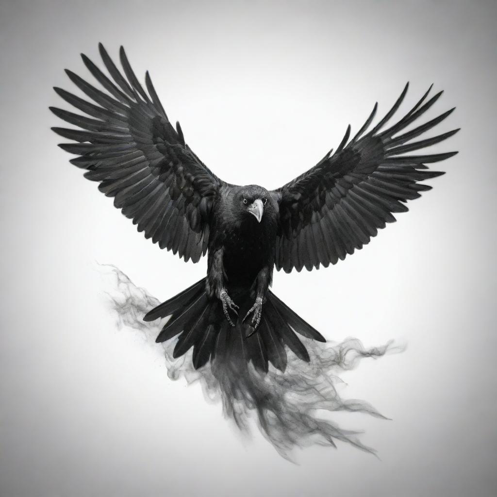 A detailed and intricate crow tattoo design, showcasing the bird in full flight, its wings mid-flap, surrounded by wisps of mythic-looking smoke.