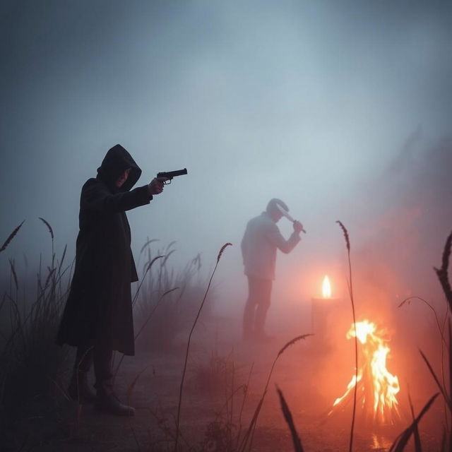 A dramatic murder mystery scene set in a marshland, with thick fog rolling in, creating an eerie atmosphere