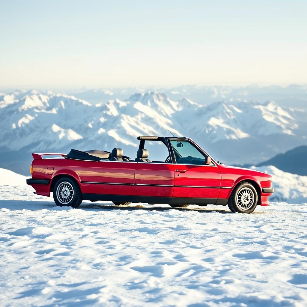 A striking red BMW E30 Baur parked majestically on a snow-covered mountain top, set as a perfect phone wallpaper