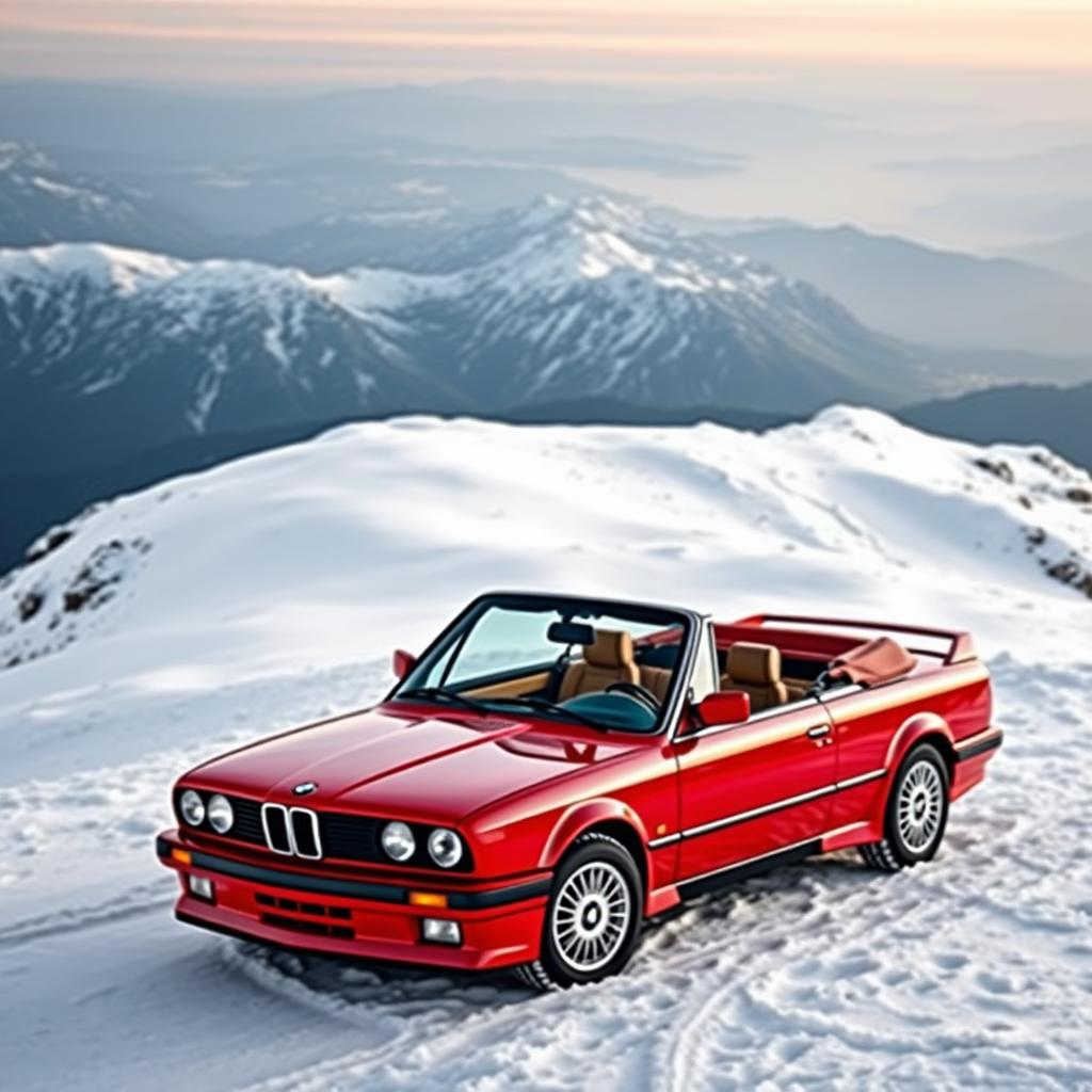 A striking red BMW E30 Baur parked majestically on a snow-covered mountain top, set as a perfect phone wallpaper