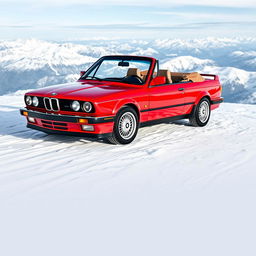 A striking red BMW E30 Baur parked majestically on a snow-covered mountain top, set as a perfect phone wallpaper