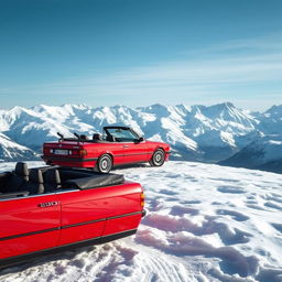 A striking red BMW E30 Baur parked majestically on a snow-covered mountain top, set as a perfect phone wallpaper