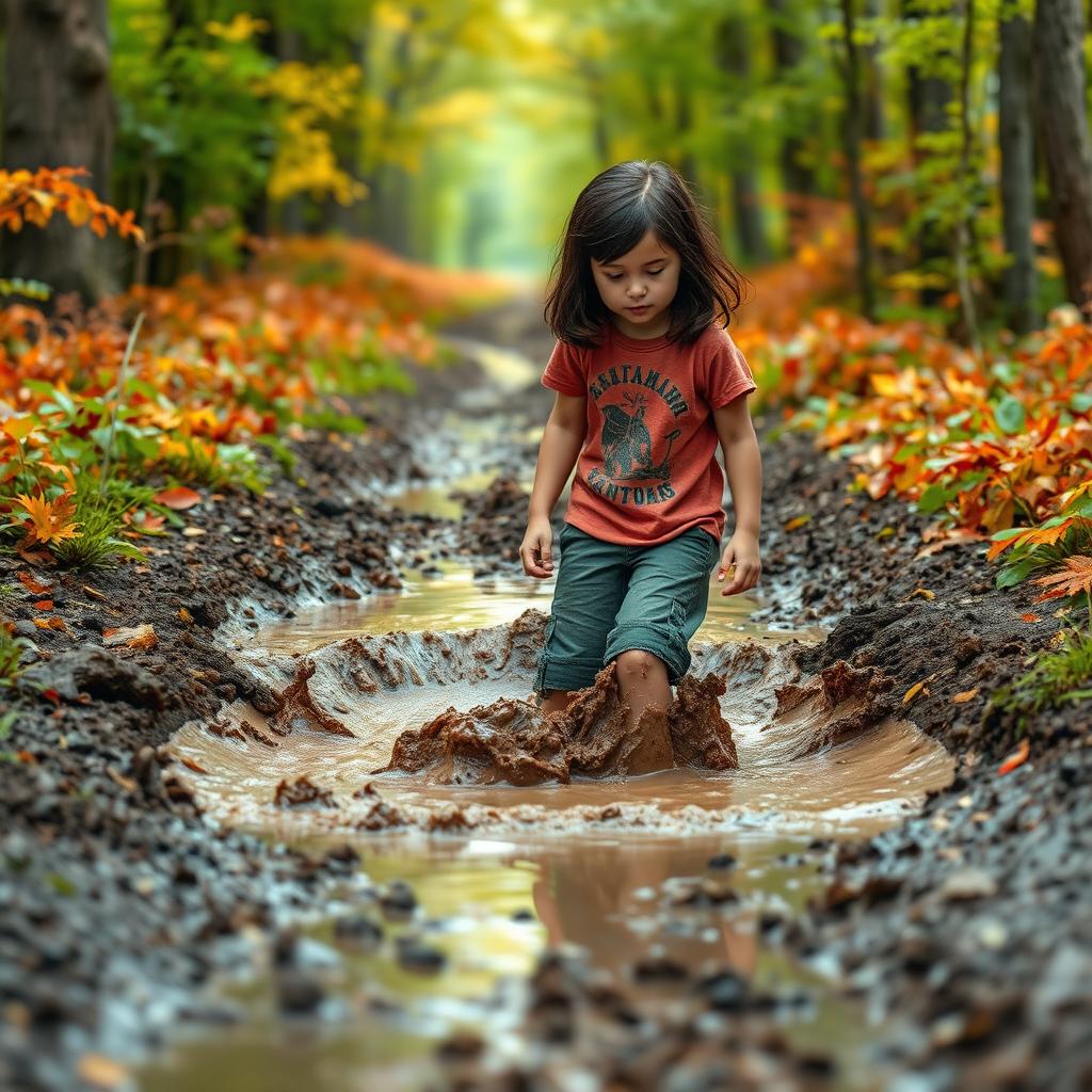 On her way to the forest, 12-year-old Lili with dark hair encounters a large, deep, muddy puddle blocking her path