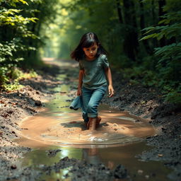 On her way to the forest, 12-year-old Lili with dark hair encounters a large, deep, muddy puddle blocking her path