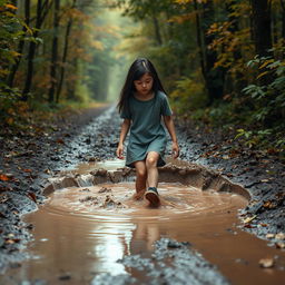 On her way to the forest, 12-year-old Lili with dark hair encounters a large, deep, muddy puddle blocking her path