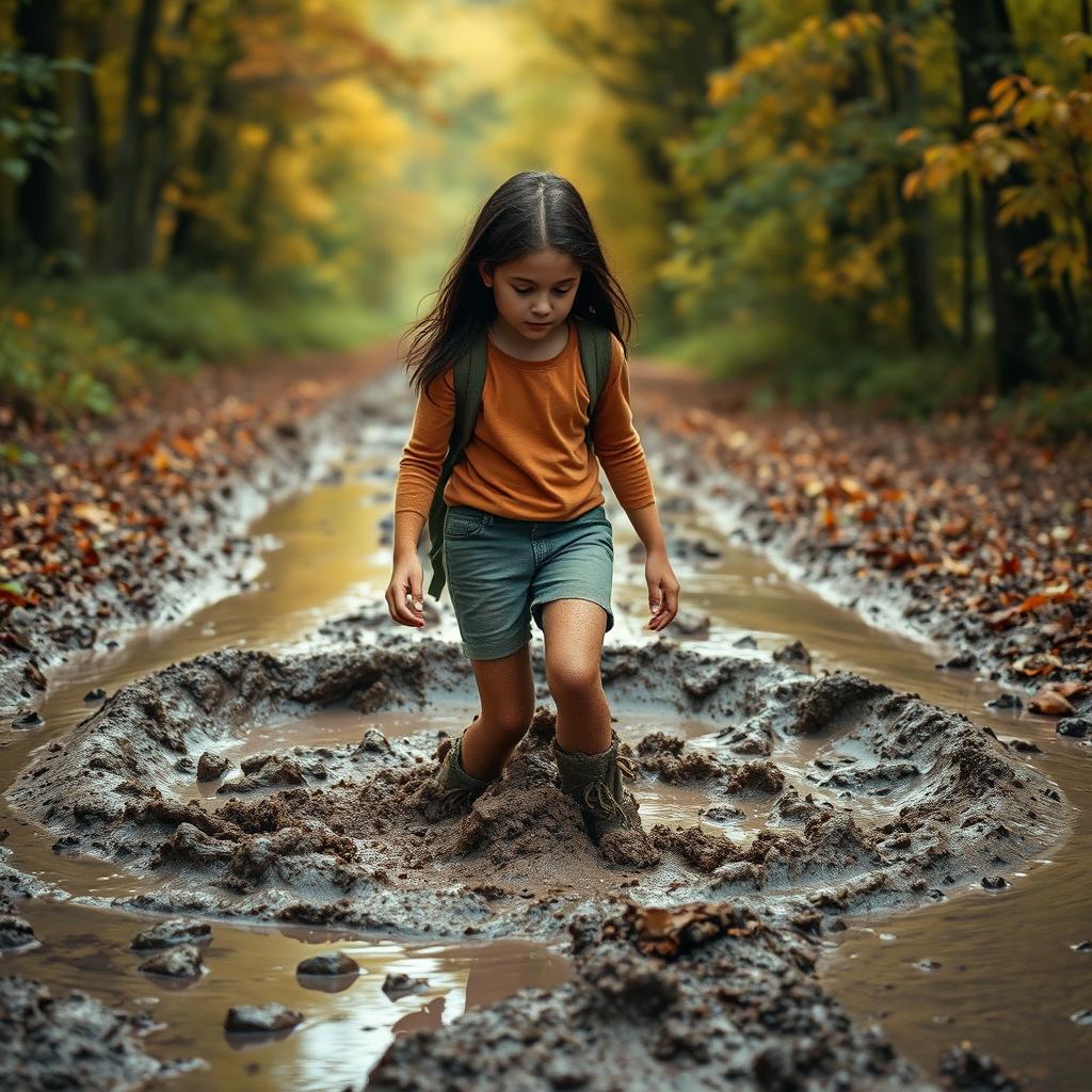 On her way to the forest, 12-year-old Lili with dark hair encounters a large, deep, muddy puddle blocking her path