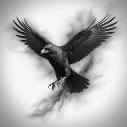 A detailed and intricate crow tattoo design, showcasing the bird in full flight, its wings mid-flap, surrounded by wisps of mythic-looking smoke.