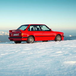 A captivating red BMW E30 standing proudly on a snow-covered mountain top, perfectly designed for a phone wallpaper