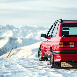 A captivating red BMW E30 standing proudly on a snow-covered mountain top, perfectly designed for a phone wallpaper