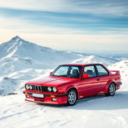 A captivating red BMW E30 standing proudly on a snow-covered mountain top, perfectly designed for a phone wallpaper