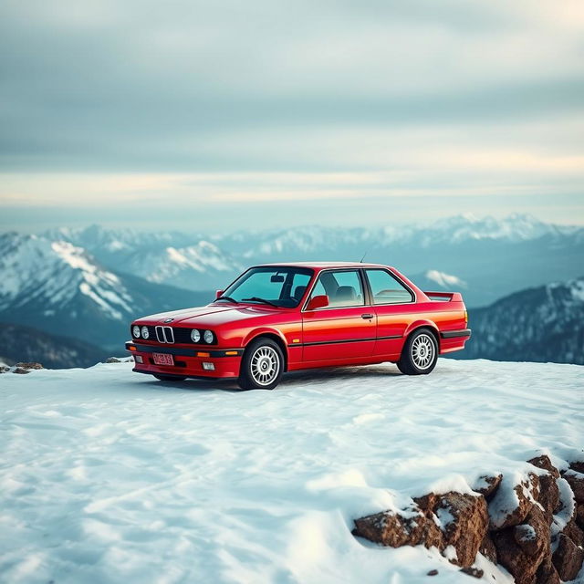 A captivating red BMW E30 standing proudly on a snow-covered mountain top, perfectly designed for a phone wallpaper