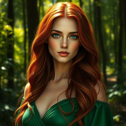 A realistic portrait of a beautiful woman with long flowing red hair and striking green eyes