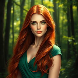 A realistic portrait of a beautiful woman with long flowing red hair and striking green eyes