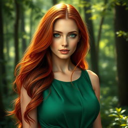 A realistic portrait of a beautiful woman with long flowing red hair and striking green eyes