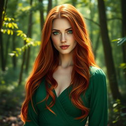 A realistic portrait of a beautiful woman with long flowing red hair and striking green eyes