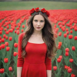 A long-haired brunette girl wearing a red flower headband and long red dress in a meadow filled with red tulips