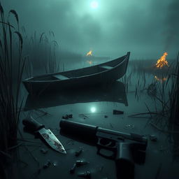 An intense murder mystery set in a foggy marsh, where the scene is filled with suspense and tension