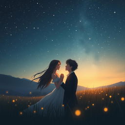 A romantic scene depicting two lovers in a meadow under a starlit sky