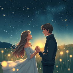 A romantic scene depicting two lovers in a meadow under a starlit sky