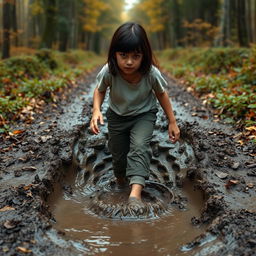 On her way to the forest, 12-year-old Lili with dark hair encounters a large, deep, muddy puddle blocking her path