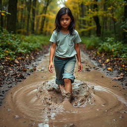 On her way to the forest, 12-year-old Lili with dark hair encounters a large, deep, muddy puddle blocking her path