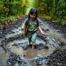 On her way to the forest, 12-year-old Lili with dark hair encounters a large, deep, muddy puddle blocking her path