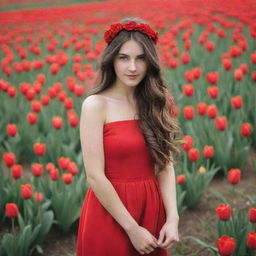 A long-haired brunette girl wearing a red flower headband and long red dress in a meadow filled with red tulips