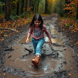 On her way to the forest, 12-year-old Lili with dark hair encounters a large, deep, muddy puddle blocking her path