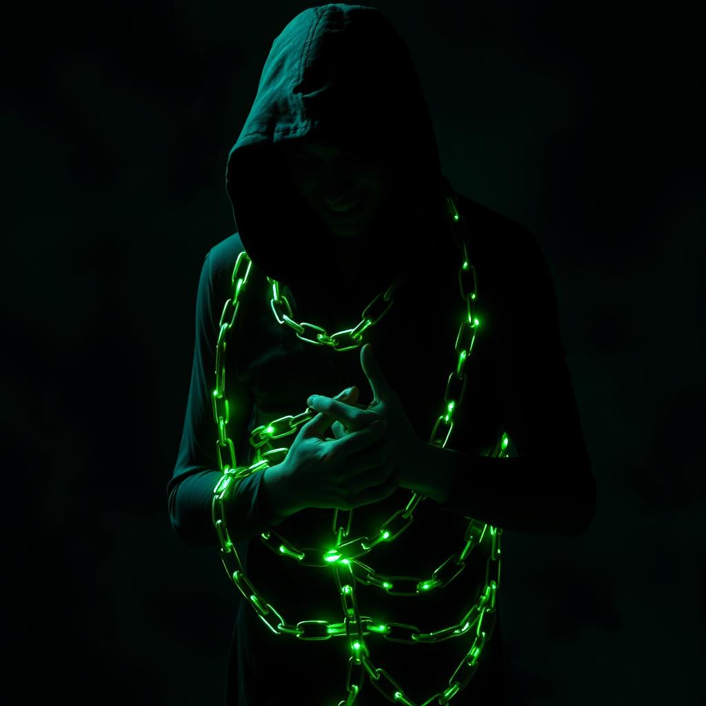 A shadowy human figure bound in glowing green chains