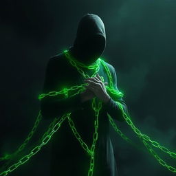 A shadowy human figure bound in glowing green chains