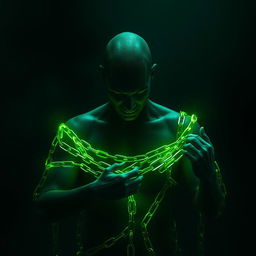 A shadowy human figure bound in glowing green chains