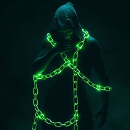 A shadowy human figure bound in glowing green chains