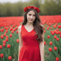 A long-haired brunette girl wearing a red flower headband and long red dress in a meadow filled with red tulips