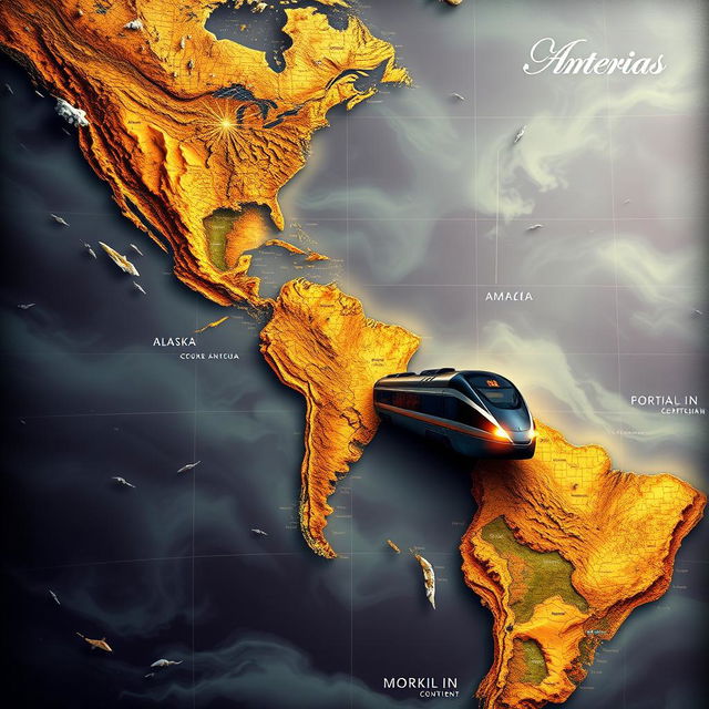 A stunning science fiction book cover featuring a map of the entire Americas, highlighting a futuristic train traveling across the entire length of the American continent