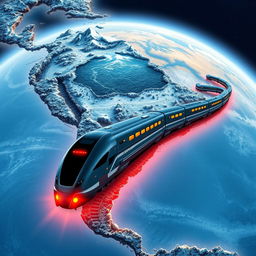A stunning science fiction book cover featuring a map of the entire Americas, highlighting a futuristic train traveling across the entire length of the American continent